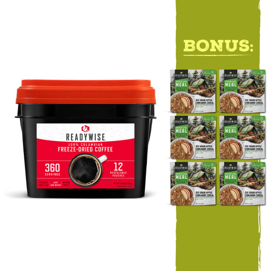 ReadyWise freeze-dried coffee bucket with bonus six apple cinnamon cereal packs