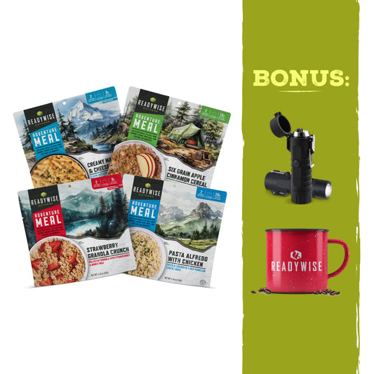 ReadyWise camping meals with a bonus flashlight and red ReadyWise mug