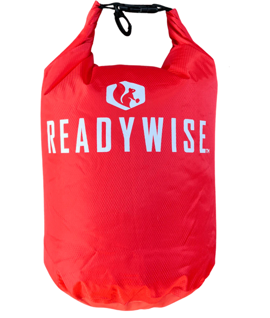 Red ReadyWise dry bag with roll-top closure and logo for waterproof storage gear