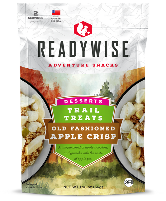 ReadyWise Old Fashioned Apple Crisp trail treats pouch, apple dessert snack packaging