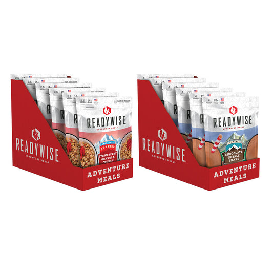 Readywise Adventure Meals. Freeze Dried Strawberry Granola Crunch and Chocolate Royale Shake