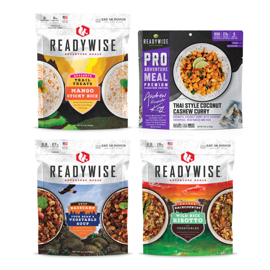 ReadyWise adventure meal pouches with vegan freeze-dried entrees and soups arranged on white background