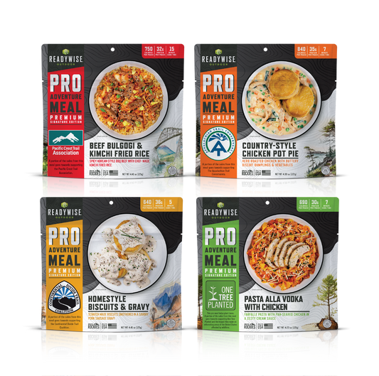 Freeze-dried camping meals endorsed by conservation and trail organizations: Biscuits & Gravy, Chicken Pot Pie. Beef Bulgogi, Pasta Ella Vodka With Chicken.