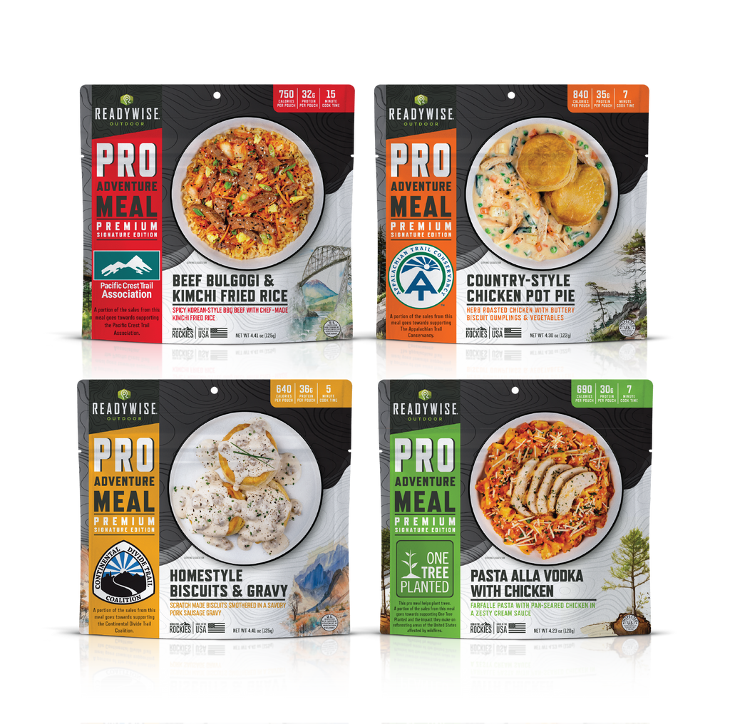Freeze-dried camping meals endorsed by conservation and trail organizations: Biscuits & Gravy, Chicken Pot Pie. Beef Bulgogi, Pasta Ella Vodka With Chicken.