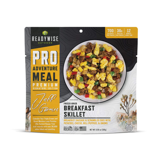 ReadyWise Pro Adventure Meal Breakfast Skillet freeze-dried pouch with image of eggs, sausage, potatoes, and peppers.