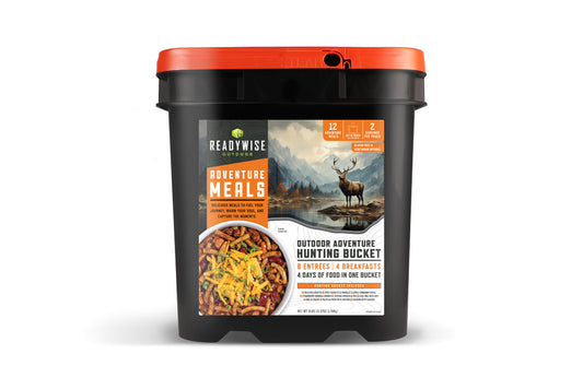 ReadyWise Outdoor Adventure Meals Hunting Bucket with elk image and meal photo on black container