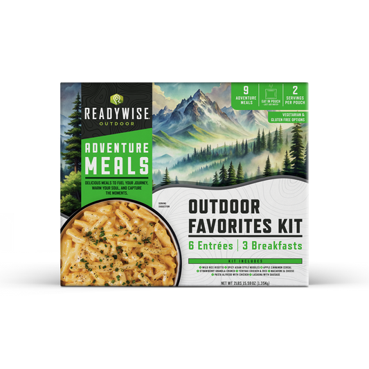 ReadyWise Adventure Meals Outdoor Favorites Kit box with pasta and mountain scenery