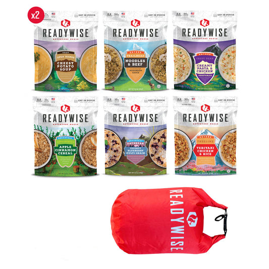 ReadyWise adventure meal kits with six food pouches and a red ReadyWise dry bag