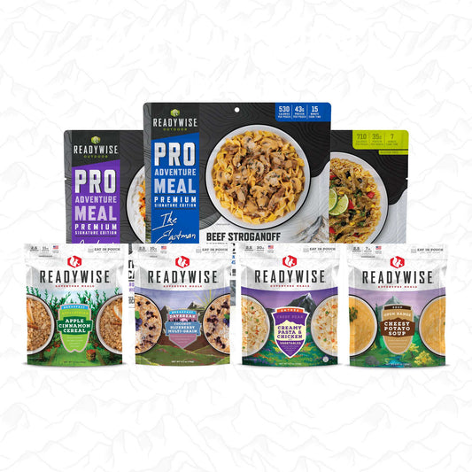 ReadyWise adventure and pro meals variety packs, including beef stroganoff, on display