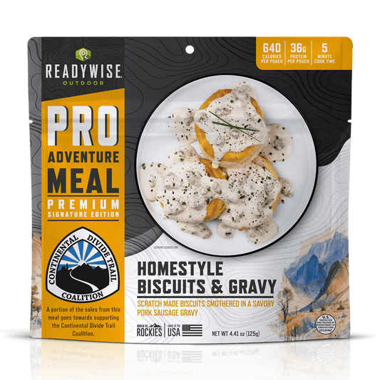 Homestyle Biscuits and Gravy Pouch: 640 Calories Per Pouch, 36g Protein. Made In Partnership With Continental Divide Trail Coalition.