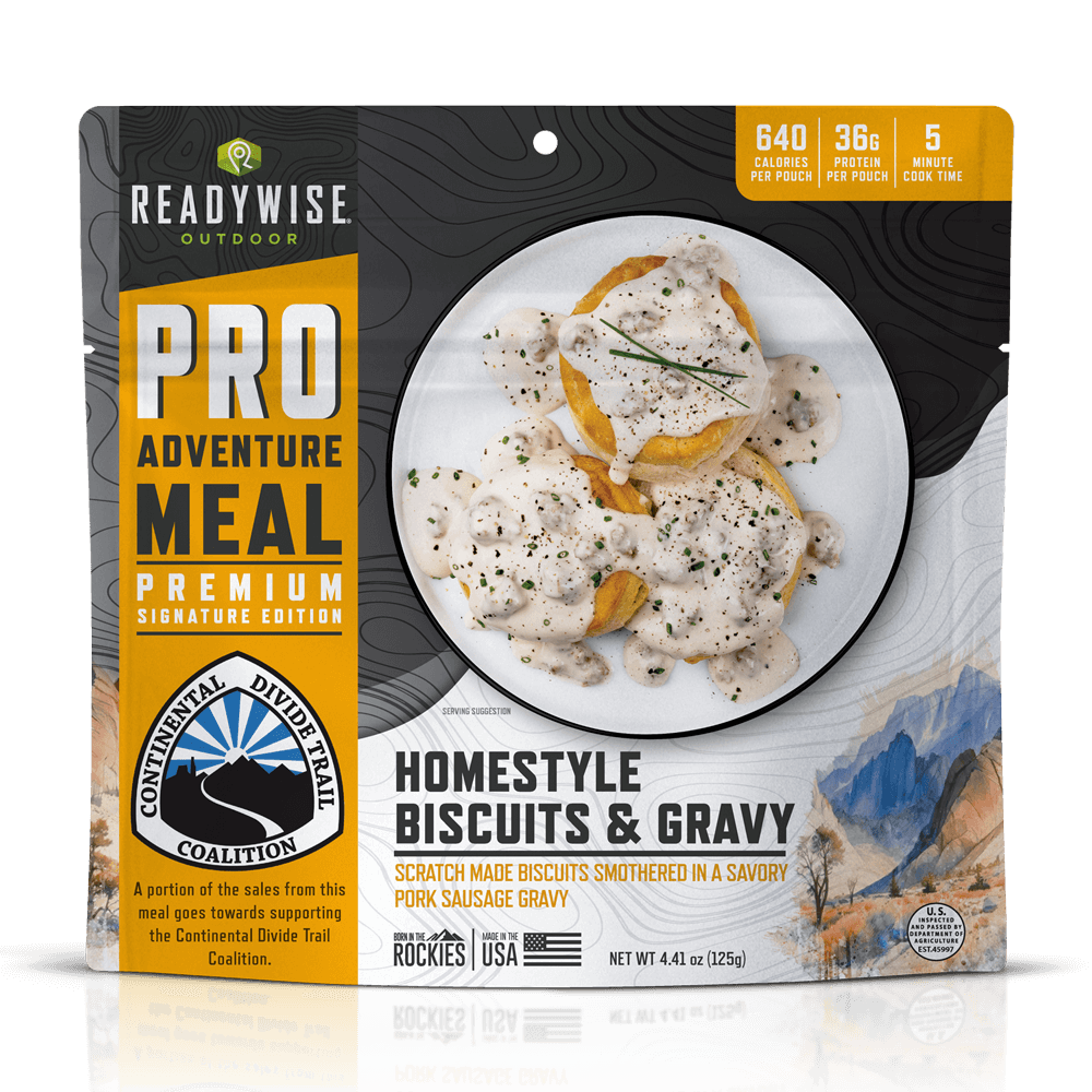 Homestyle Biscuits and Gravy Pouch: 640 Calories Per Pouch, 36g Protein. Made In Partnership With Continental Divide Trail Coalition.