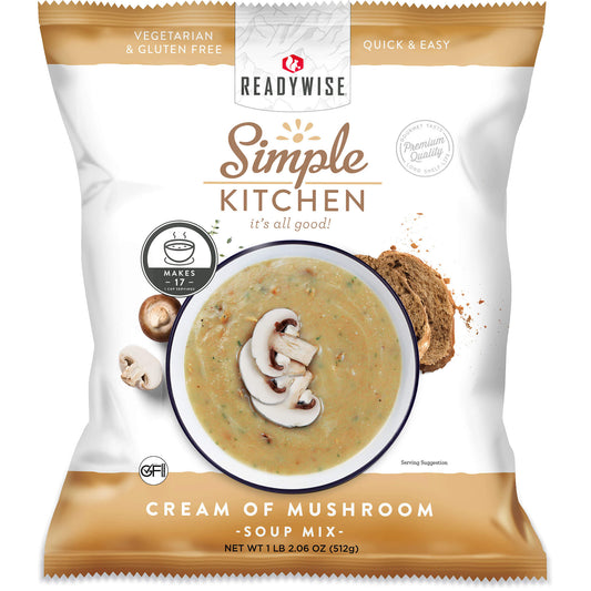 ReadyWise Simple Kitchen cream of mushroom soup mix package with bowl, mushrooms, and bread