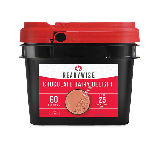 ReadyWise chocolate dairy delight bucket, 60 servings, 25-year shelf life, red label