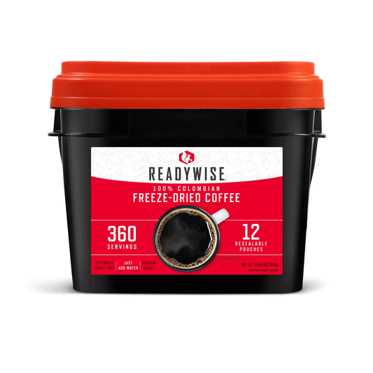 ReadyWise 100% Colombian freeze-dried coffee bucket with red lid, 360 servings, 12 resealable pouches