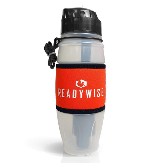 Seychelle water filtration bottle with ReadyWise red sleeve and black cap