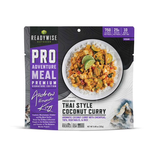 ReadyWise Thai Style Coconut Curry Pro Adventure Meal pouch with rice and vegetables on front