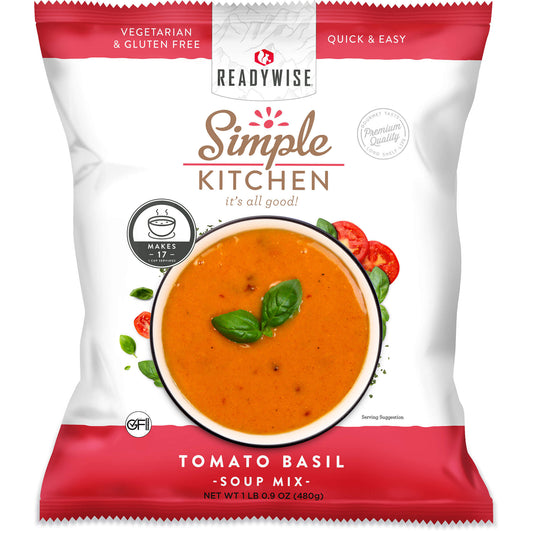 ReadyWise Simple Kitchen tomato basil soup mix pouch with bowl of soup and basil garnish