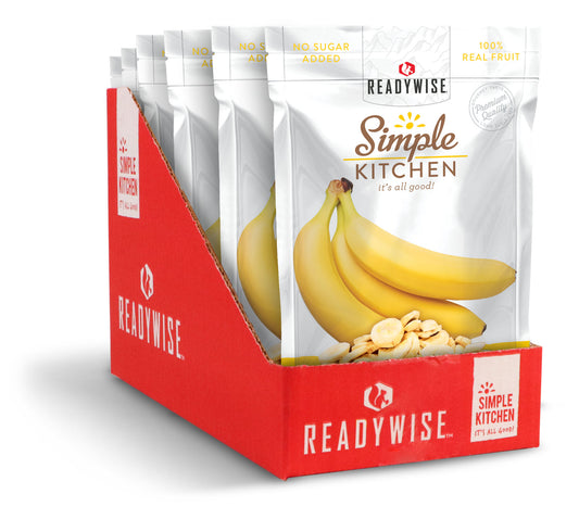 ReadyWise Simple Kitchen bananas 6-pack snack pouches in red retail display box