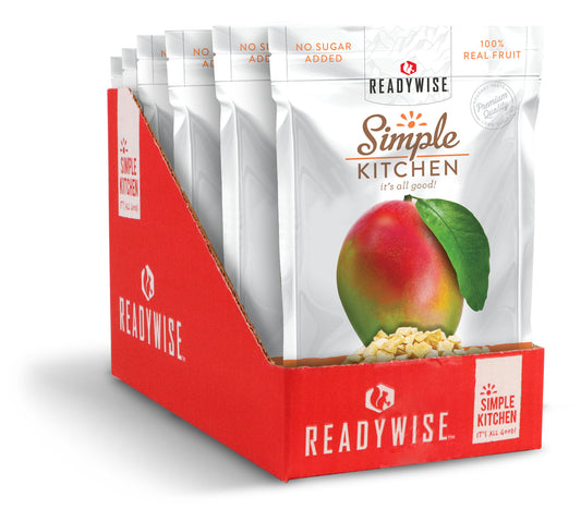 ReadyWise Simple Kitchen dried mango packs in red display box, no sugar added, real fruit