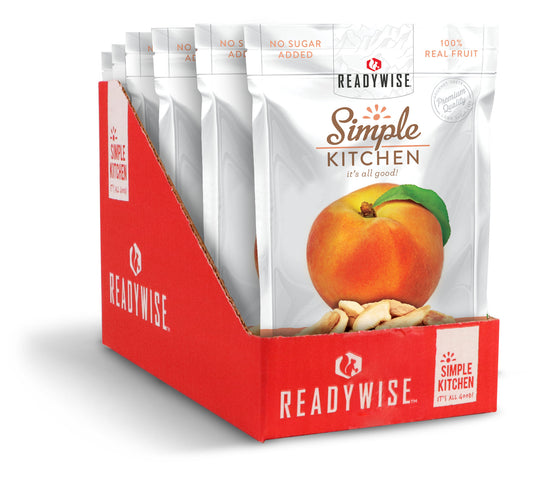 ReadyWise Simple Kitchen freeze-dried peaches 6-pack in a red display box