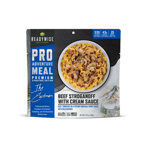 Beef Stroganoff with Cream Sauce. Beef Simmered in Creamy Marsala Wine Sauce with Mushrooms. Made with Ike Eastman. 530 Calories Per Pouch, 43g Protein Per Pouch.