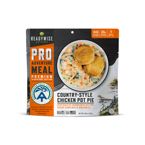 Country Style Chicken Pot Pie. Herb Roasted Chicken with Buttery Biscuit Dumplings and Vegetables. Created with Appalachian Trail Conservancy. 840 Calories Per Pouch, 35g Protein.