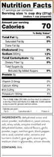 French Onion nutrition facts panel with calorie count, ingredients, and allergen info