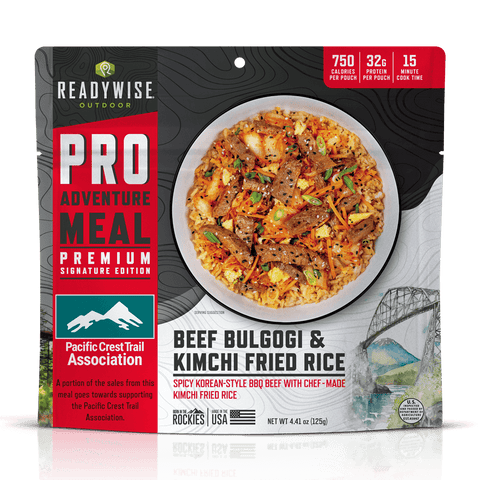 Beef bulgogi and kimchi rice dish, supported by the Pacific Crest Trail Association, showcasing tender marinated beef with kimchi fried rice.