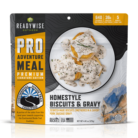 Freeze-dried camping meal: Homestyle biscuits and gravy meal, endorsed by the Continental Divides Trail Coalition, featuring fluffy biscuits smothered in savory gravy