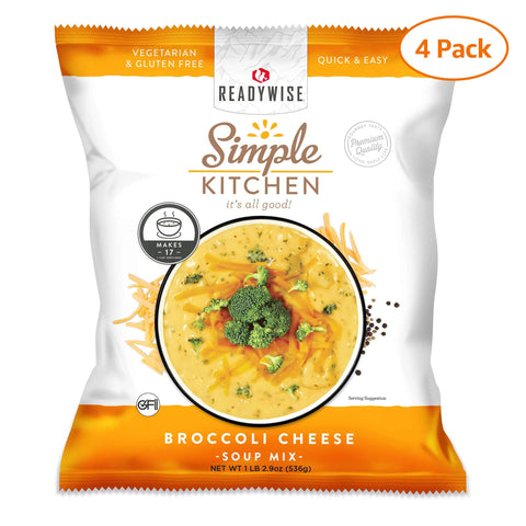 ReadyWise Simple Kitchen broccoli cheese soup mix 4 pack, vegetarian gluten-free packaging