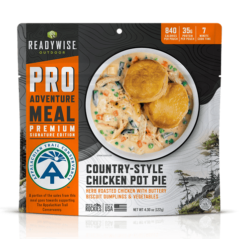 Freeze-dried camping meal: Country-style chicken pot pie, supported by the Appalachian Trail Conservancy.