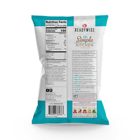 Back of ReadyWise Simple Kitchen Clam Chowder Starter packet with nutrition facts