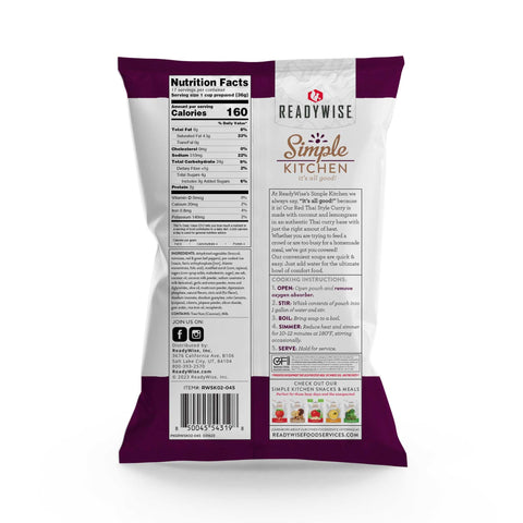 Back of ReadyWise Simple Kitchen Red Thai Curry with Rice Soup package showing nutrition facts and instructions