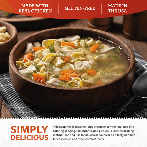 Chicken noodle soup with carrots and herbs in wooden bowl, gluten-free, made in USA