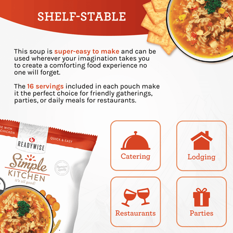 Shelf-stable Simple Kitchen chicken noodle soup packet with bowl, crackers, and service icons
