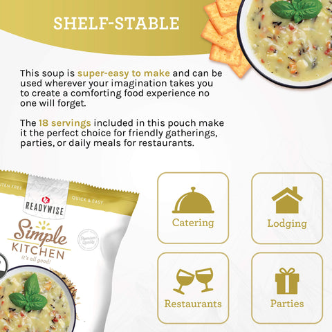 ReadyWise Simple Kitchen chicken and rice soup pouch, soup bowl with herbs and crackers, shelf-stable food for catering, lodging, restaurants, and parties.