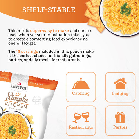 ReadyWise Simple Kitchen mac and cheese pouch with a bowl of macaroni and crackers, foodservice focused.
