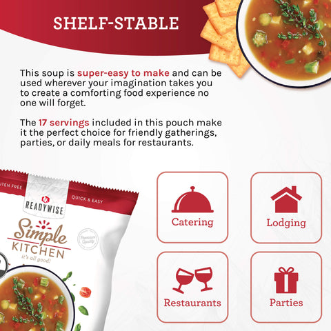 Shelf-stable Simple Kitchen chicken gumbo soup pouch, bowl with crackers, icons for catering, lodging, restaurants, parties.