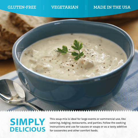 Gluten-free vegetarian clam chowder soup in blue bowl with spoon, made in the USA