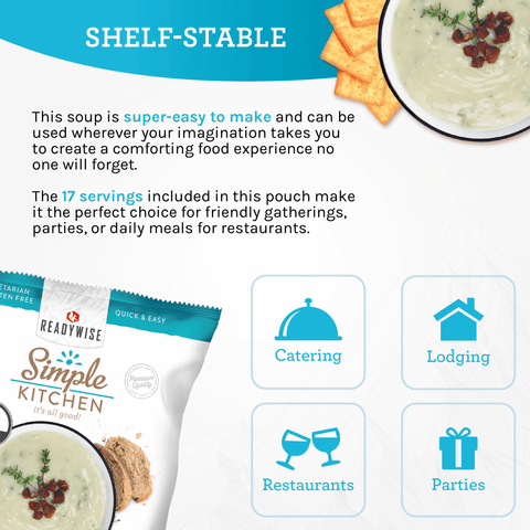 Simple Kitchen shelf-stable clam chowder starter mix, soup with crackers, Readywise package.