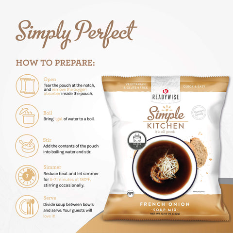 ReadyWise Simple Kitchen French Onion soup mix package with step-by-step preparation instructions.