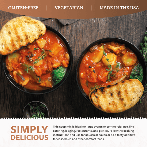 Gluten-free vegetarian minestrone soup in bowls with grilled bread on rustic wood table