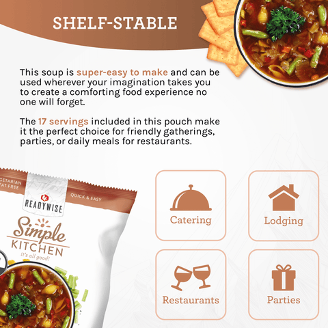 ReadyWise Simple Kitchen Minestrone soup pouch with soup bowl, crackers, and icons for catering, restaurants, lodging, and parties. Shelf-stable, vegetarian, easy to make.
