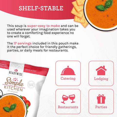 Tomato basil soup with basil garnish and crackers, Simple Kitchen foodservice packaging, restaurant promo