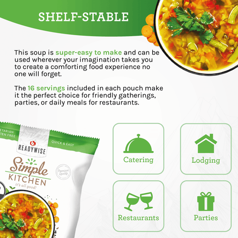 ReadyWise Simple Kitchen garden vegetable soup pouch with bowl, highlighting shelf-stable, easy prep, 16 servings, and uses for catering, restaurants, lodging, and parties.