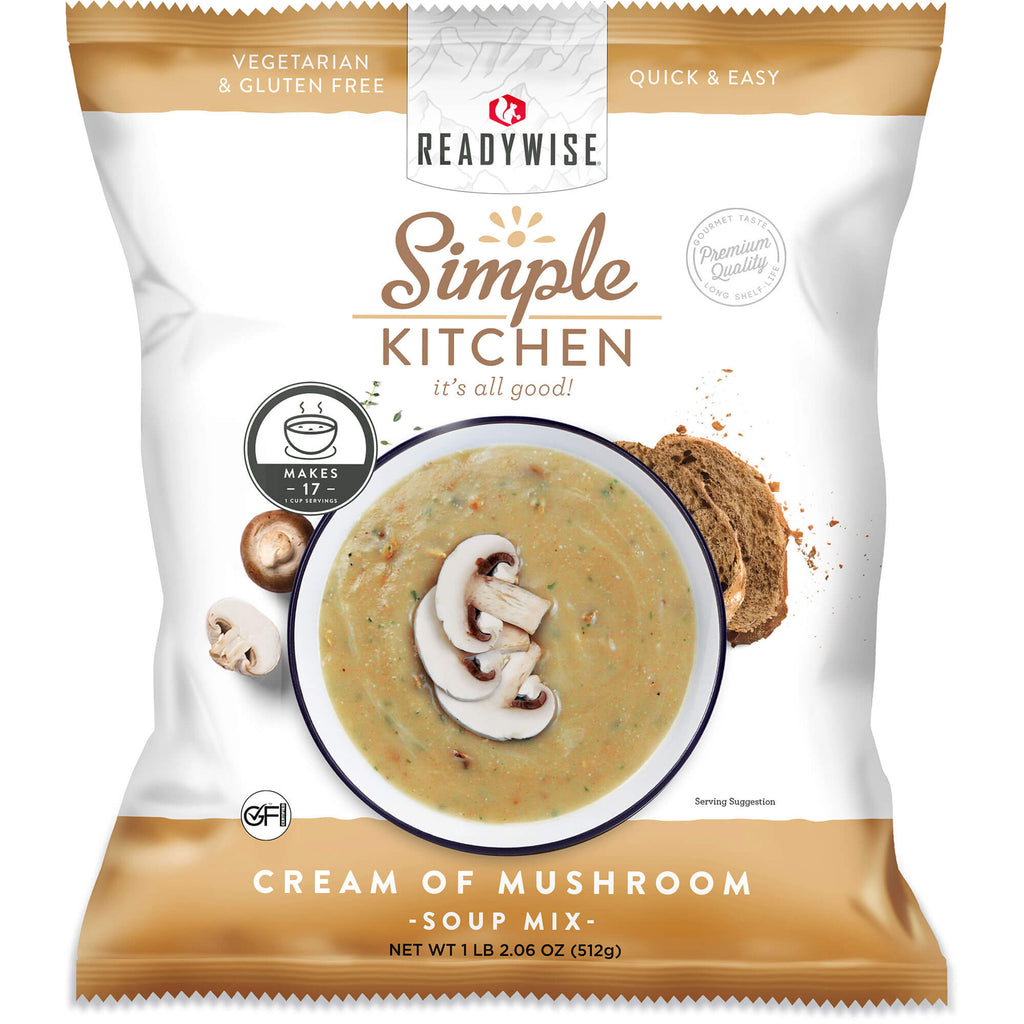 ReadyWise Simple Kitchen cream of mushroom soup mix package with bowl, mushrooms, and bread