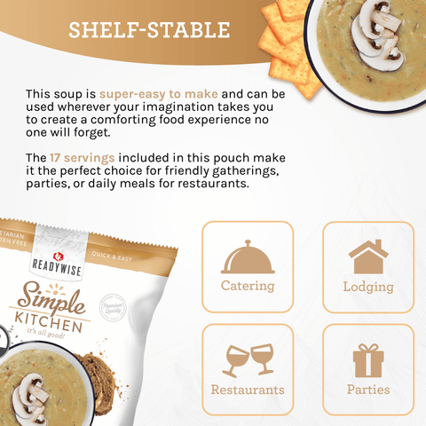 Simple Kitchen shelf-stable cream of mushroom soup pouch, soup bowl with mushrooms, crackers, catering and restaurant icons.