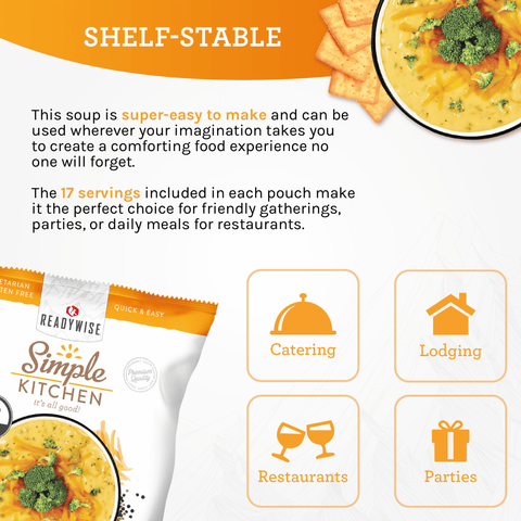 ReadyWise Simple Kitchen broccoli cheese soup bowl, crackers, and foodservice pouch with catering, lodging, restaurants, and parties icons.