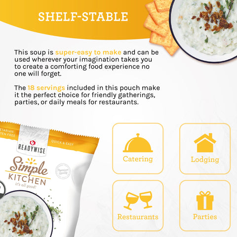 Simple Kitchen potato chowder soup pouch, bowl with soup, crackers, catering and restaurant icons.