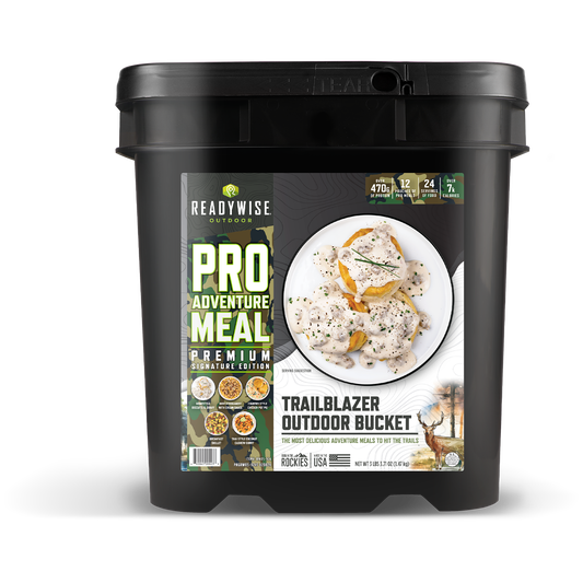 Readywise Pro Meal Trailblazer Bucket: 12 pouches, 24 servings. Just add water. Lightweight, easy to carry. Variety: Biscuits and Gravy, Breakfast Skillet, Chicken Pot Pie, Beef Stroganoff, Coconut Curry.